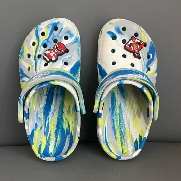 Crocs Kids Classic Marble Clog Blue/Lime/White Dye Power Ranger Jibbitz Size 10C - Picture 10 of 13